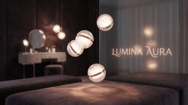 Glowing cosmetic spheres float in modern spa room with soft lighting, reflecting advanced light technology and calming, luxurious atmosphere