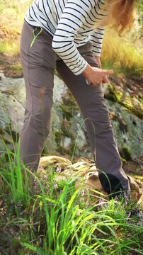 Woman applying insect repellent spray on her legs while hiking in a sun-lit forest. Outdoor safety, health prevention, and authentic adventure lifestyle concept.