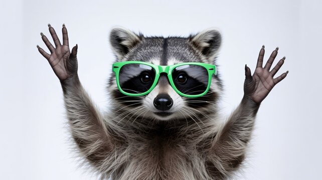Raccoon wearing bright green novelty glasses raises both front paws up in a surrender or greeting.