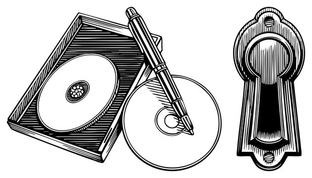 Classic keyhole lock with ornate design, CD ROM disc in open case, fountain pen resting on disc, engraved vector illustration, digital access and security concept.