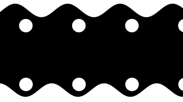 Parallel white wavy lines containing small black dots create a repeating tribal or aquatic pattern that spans across the entire black canvas