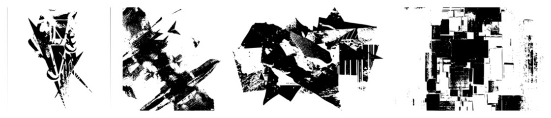 Obraz premium Dynamic collage of fractured shapes, halftone textures, glitch art fragments, graphic design elements, stark composition.