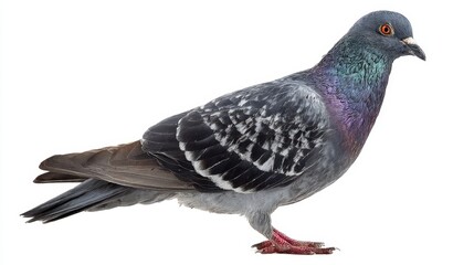 Fototapeta premium The Rock Pigeon Standing Isolated on White Background Displaying Iridescent Plumage Details