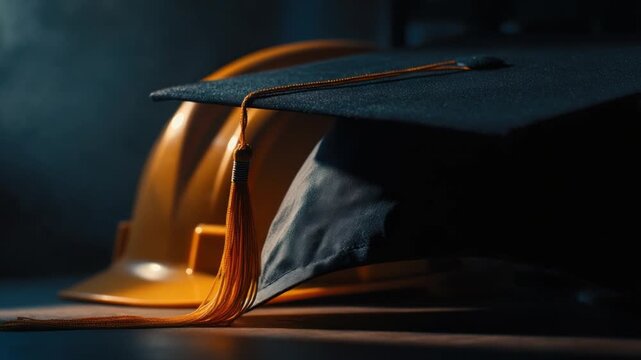 Graduation and Construction: A symbolic representation of education in the construction industry, with a graduation cap placed over a hard hat, hinting at the fusion of knowledge and labor.