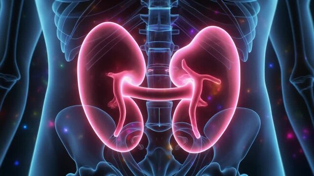 The human body displays illuminated kidneys through a glowing pink outline within the abdomen.