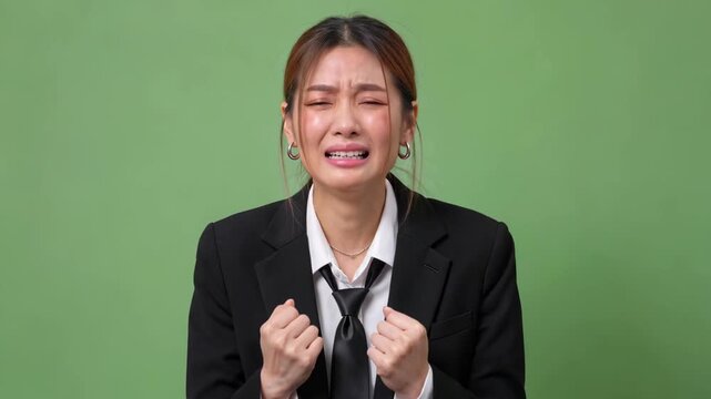 Professional woman pulls tie emotionally