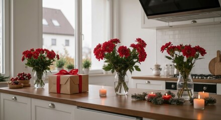 Kitchen scene with flowers, a gift, candles, and a window view