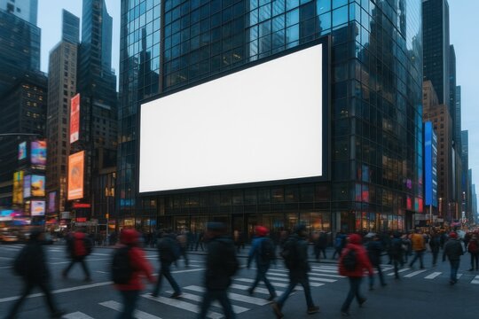 Urban billboard in bustling cityscape.