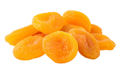 A small pile of orange dried apricots or similar fruit pieces isolated on a white background, close up high-key lighting with cutout object