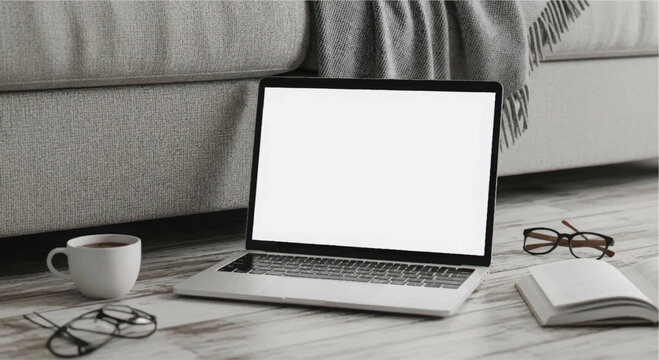 A cozy workspace setup with a laptop, coffee, and reading materials on a couch.