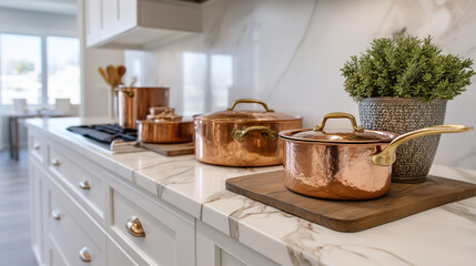 Obraz premium luxury kitchen with copper cookware and marble countertops