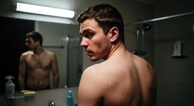 Acne pimples on male back skin texture. Concept of dermatology body acne and medical awareness.
