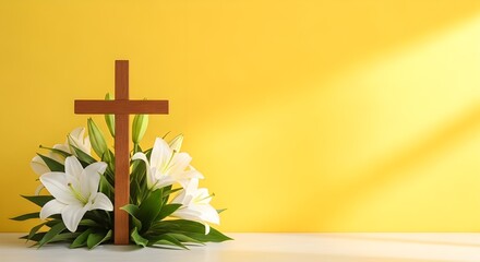 Good friday reflection a symbolic cross with white lilies on yellow background © MST