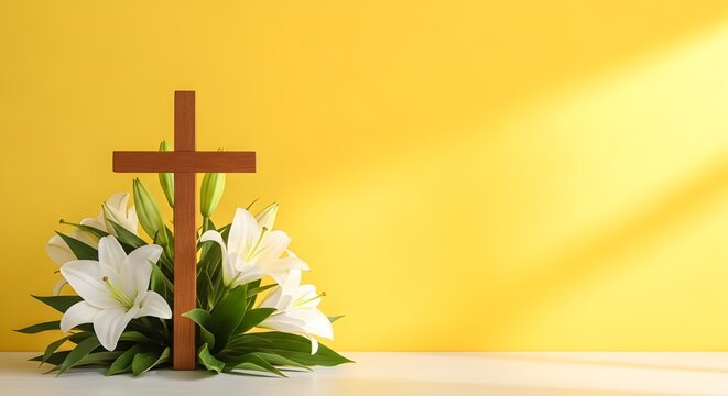 Good friday reflection a symbolic cross with white lilies on yellow background
