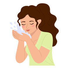 Young woman washing her face with water splashes. Female character practicing daily morning cleaning routine and hygiene isolated.