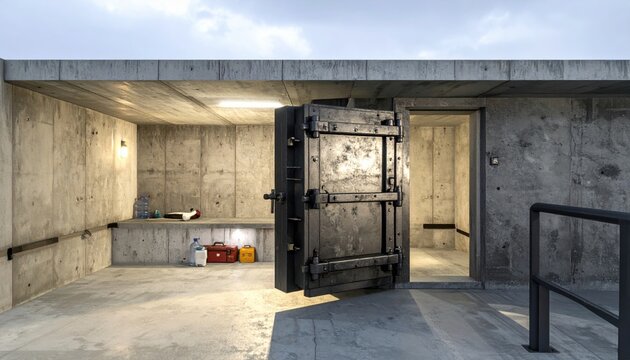 A robust reinforced concrete safe room with a heavy, sealed metal door slightly ajar, revealing its interior and essential basic provisions for long-term security.