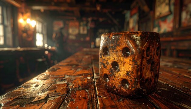 A well-worn leather dice cup, textured and aged from countless games, rests on a rustic wooden bar in a dimly lit, atmospheric tavern setting, evoking nostalgia and friendly competition.