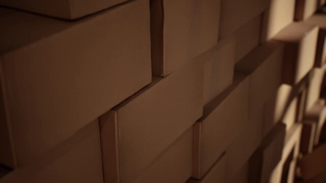 Closeup stack of cardboard logistics shipping boxes in warehouse. 3D animation. 4K. Logistics Idea concept.	
