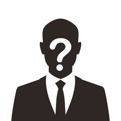 Unknown businessman silhouette with question mark graphic icon. Anonymous  man in a suit sign isolated on white background. Vector illustration