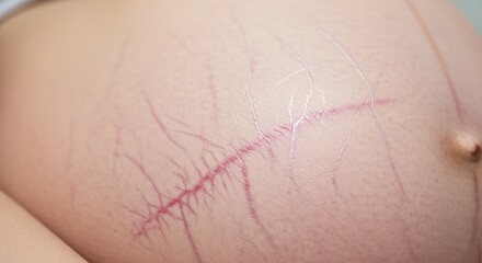 Fototapeta premium Macro view of stretch marks on female abdomen with soft body curves. Concept of natural body changes dermatology and skin elasticity.