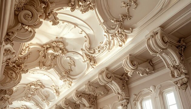 Elaborate Rococo style stucco molding with swirling curves and floral elements adorning a grand ceiling, showcasing intricate craftsmanship and historical elegance.