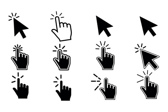 Computer mouse and hand cursor icons for clicking and pointing