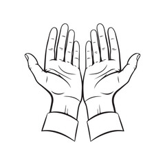 Obraz premium Pair of open human hands with palms up black and white linear vector illustration isolated on white background