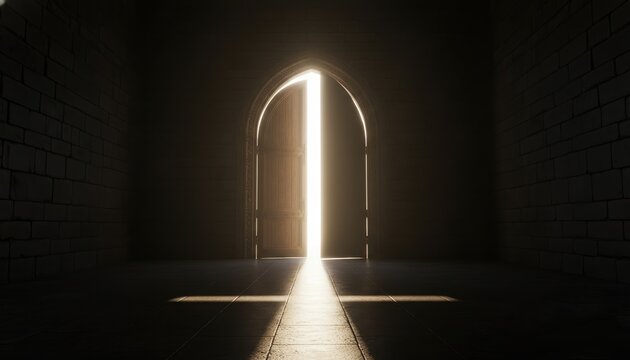 door light church hope faith opening cross shining through an ancient medieval arched doorway in a dark stone room, representing divine spiritual guidance and new beginnings.