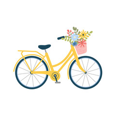 Fototapeta premium Yellow bicycle with basket of flowers. Cute bicycle illustration for greeting cards, banners, invitations, prints. Women city retro bike on white background