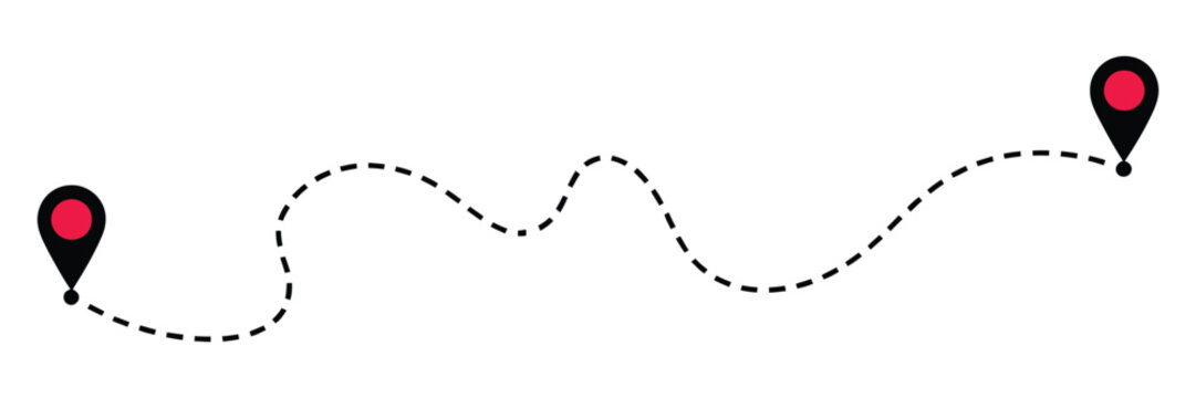 Route location icon, two pins connected by dotted line, vector symbol for maps, directions, travel planning, navigation apps