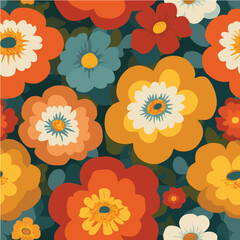 Retro 70s floral seamless pattern, bold groovy flowers, vintage color palette