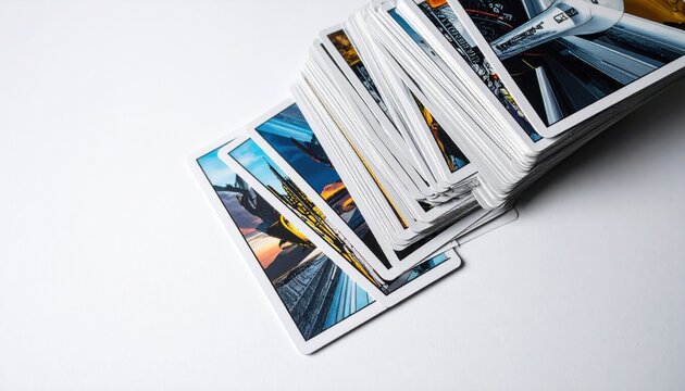 Sleek and modern tarot cards with vibrant futuristic artwork, partially shuffled on a clean white surface, offering a contemporary vision for divination and spiritual exploration.