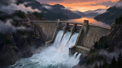 Massive Hydroelectric Dam with Rushing Water Spillway in Mountain Valley Matte Painting