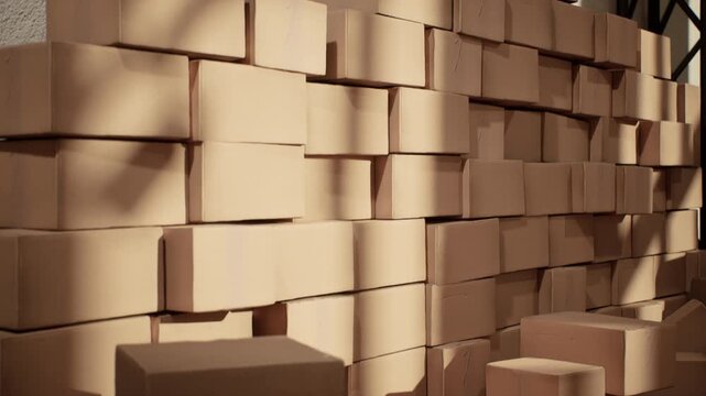 Closeup stack of cardboard logistics shipping boxes in warehouse. 3D animation. 4K. Logistics Idea concept.