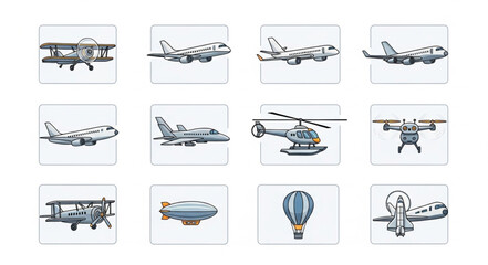Collection of Vintage Aviation Illustrations - Planes, Helicopters, and Airships. © Ulhamchan