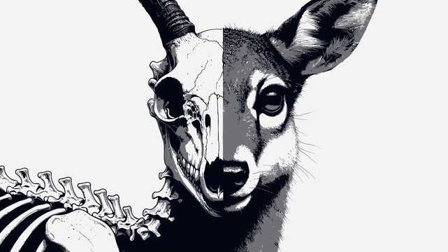Deer Half Skull and Half Live Portrait vector illustration