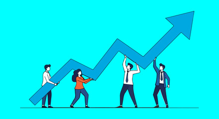 Fototapeta premium Team of diverse business people collaborating to lift a large blue upward trending arrow, symbolizing business growth, success, and financial progress on a vibrant turquoise background vector