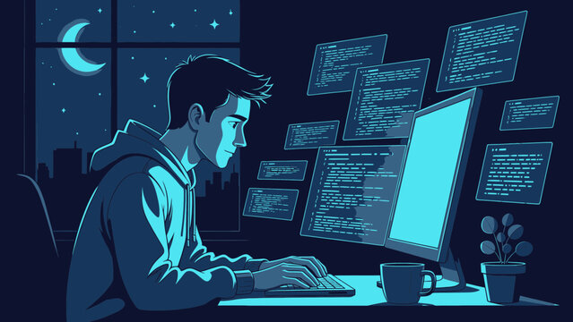 Night Coder Working on Computer Screens vector illustration