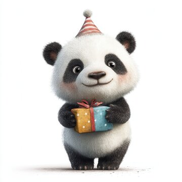 Cute panda smiles while holding a gift in a festive setting with a party hat during a celebration time
