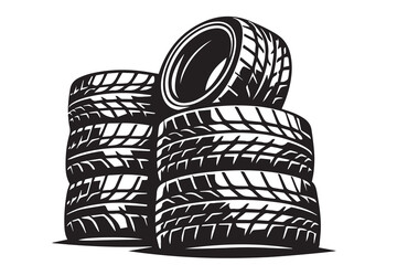 Vector illustration of a stack of car tires arranged neatly, simple clean lines, modern minimal style, black rubber texture detail, isolated on white background. © primus