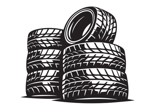 Vector illustration of a stack of car tires arranged neatly, simple clean lines, modern minimal style, black rubber texture detail, isolated on white background.