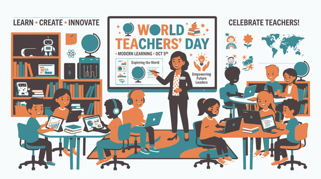 Celebrating World Teachers' Day in a Modern Classroom vector illustration