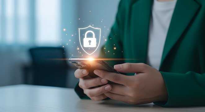 Businessman using smartphone with digital security lock icon for mobile protection