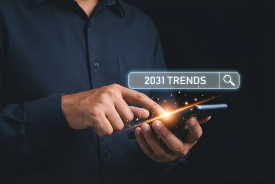 Person uses a smartphone to search for future trends in the year 2031 with a glowing search bar.