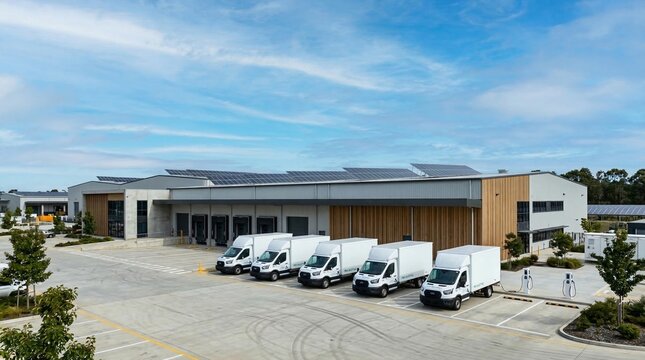Modern warehouse facility with solar panels on roof and fleet of white delivery vans in parking lot