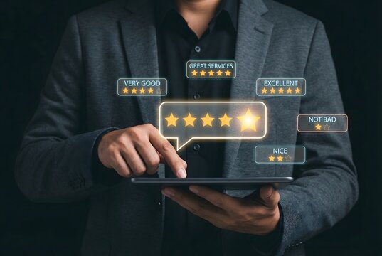 Person uses a tablet to provide a five-star customer rating, surrounded by various feedback options.