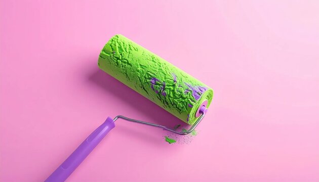 Vibrant Green Paint Roller on a Bright Pink Background.