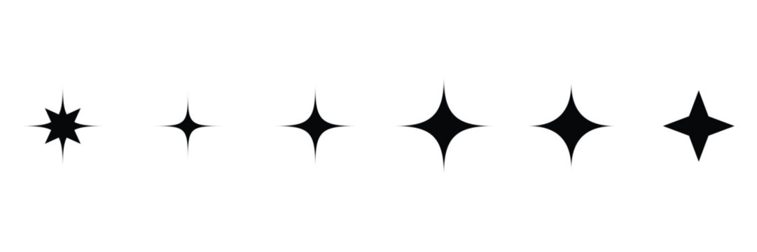 Set of black sparkling star icons. Various shapes including four pointed and eight pointed sparkles for minimal decorative elements and magic celestial design.