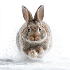 Obraz premium Rabbit runs in snow during winter day while snowflakes fall around it in a natural scene