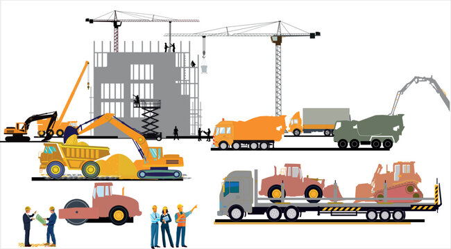 Baustelle mit Bauarbeitern und Architekten Illustration
